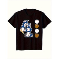 Funnys Baseball Birthday T-Shirt - Black Tee with Bold Number 4, Baseballs - Soft Cotton Shirt for B