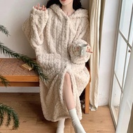 Pocket Robe for Women Sleepwear Winter Nightdress Night Wears Warm Fleece Pajama One Piece Nightgown
