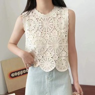 [oqbt] Hollow Out Crochet Summer Tank Top Women Sleeveless Lace Vest Korean Style Casual Holiday Bea
