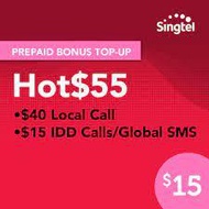 Singtel Prepaid $15 / Hot $55 (IDD $15/ Local $40)/(28 Days) Top Up / Renew / Recharge