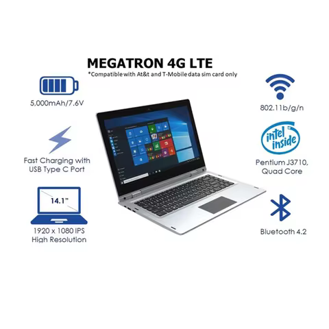 Megatron 4G LTE - 14.1” Laptop PC 360° Touch Screen, 4GB/64GB Windows 10 Pro, 1920 x 1080 IPS J3710