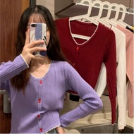 Women's long-sleeved cardigan knitted sweater with V-neck, small buttons, wavy edges, short, simple,