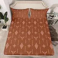 Bohemian Stripes Fitted Sheet Queen Size,Bull Skull Boho Geometric Brown Retro Bedding Set with 2 Pi