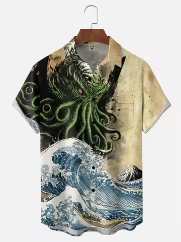 Men's Cthulhu wave print Hawaiian shirt, short-sleeved casual beach party vacation summer button-dow