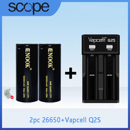 （Ready Stock）Enook Battery 26650 Lithium Rechargeable Battery 3.7v with Vapcell Q2S Smart Charger 2 