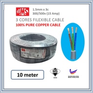 UMS 1.5mm x 3c 100% Pure Copper Sirim Pvc Flexible 3 Cores Cable Wire(15Amp) 10 Meter