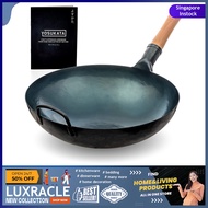 [sg stock] YOSUKATA Blue 14" Round Bottom Carbon Steel Wok Pan Stir Fry - Japanese Chinese Hammered Pow Wok Blue Steel