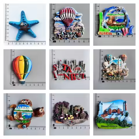 Turkey travel souvenir magnets Alanya Istanbul Hagia Sophia hot air balloon starfish turtle wine fri