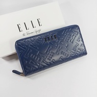 {EL310} ELLE กระเป๋าสตางค์ใบยาว ซิปรอบ สีน้ำเงินกรมท่า หนังลายตัวอักษร โลโก้สีเงิน หนังแท้ ของใหม่แท้100%
