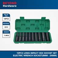 10pcs Long Impact Hex Socket Set 1/2 Inch Drive Electric Wrench Socket With Storage Box (8mm - 24mm)