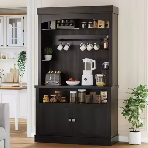 Coffee Bar Cabinet with LED Lights,72 '' Tall Buffet Cabinet with Storage,Farmhouse Kitchen Sideboar