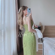 [Voucher 50k Freeship Max 0 đồng toàn quốc]Đầm tiểu thư hoa nhí màu xanh midi dễ thương đầm hai dây 
