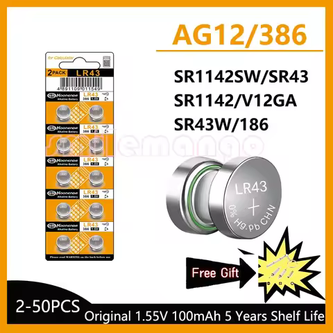 2-50PCS 1.55V AG12 LR43 100mAh Lithium Button Cell SR43 386 LR1142 V12GA AG 12 SR43W SR1142 Coin Cel