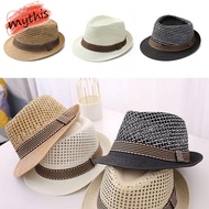 [MYTHIS] Straw Fedora Hat, Short Brim Straw Sun Cap, Outdoor Breathable Trilby Sun Hat Man