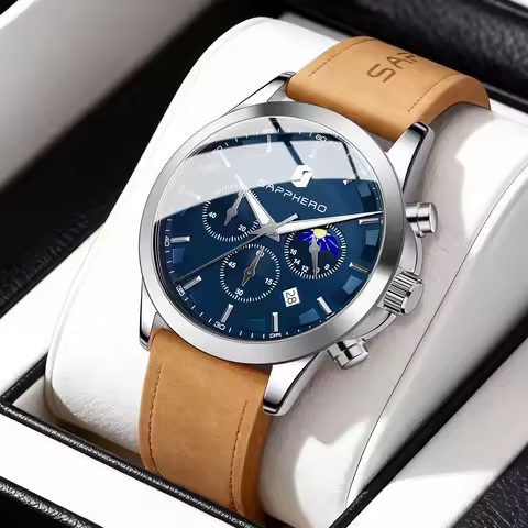 SAPPHERO Men's Business Watch, Leather Strap, Waterproof Design, Stopwatch Function, Date Display, M