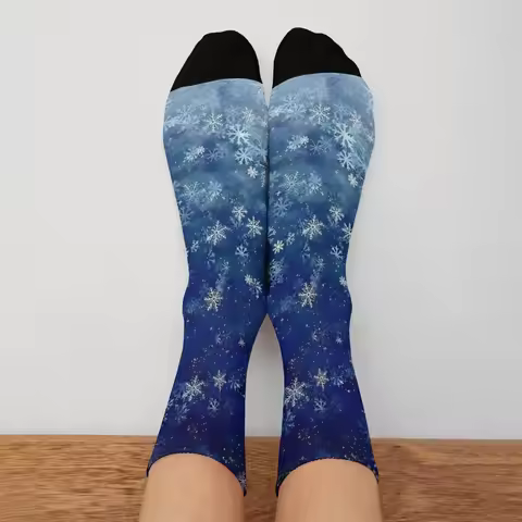 Arctic Storm Sport Socks Cobalt to Ice Blue Snowflake Pattern Men's Christmas Athletic Socks Comfort