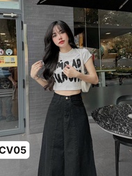 Chân váy jeans coton dáng dài chữ A qua gối xanh đậm trơn màu đơn giãn tiểu thư CV05