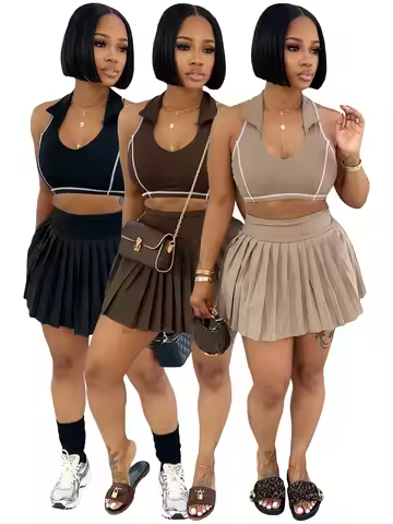 HR26025 Casual Line Patchwork 2 Piece Set Woman Trend Halter Sleeveless Crop Tank Tops And Mini Plea