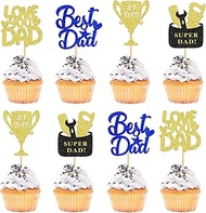 Cyodoos 24Pcs Happy Fathers Day Cupcake Toppers Happy Father's Day Blue Gold Glitter Cupcake Topper 
