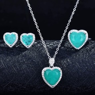 925 silver high quality luxury imitation natural Paraba set heart ring pendant necklace stud earrings party birthday jewelry
