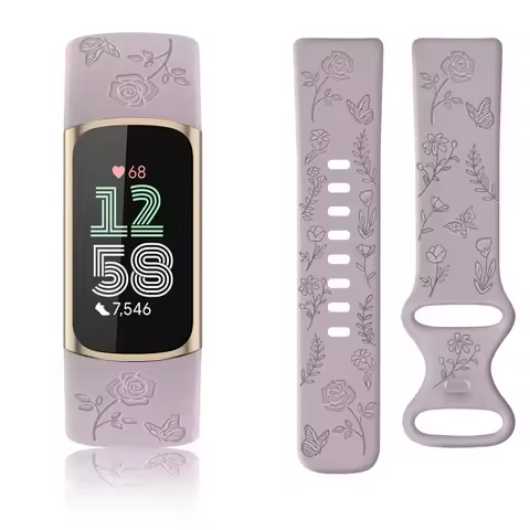 Flower Engraved Watch Strap For Fitbit Charge 5/Charge 6 Bands Soft TPU Wristband For Fitbit Charge 