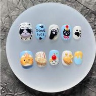 Handmade Stamped False Nails, Summer Style, 3D Cat Theme, Short Square Shape, Blue & White Base, Cut