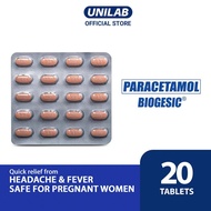 Unilab Biogesic 20 Tablets - 500mg Paracetamol for Quick Relief of Headache and Fever, Safe for Preg