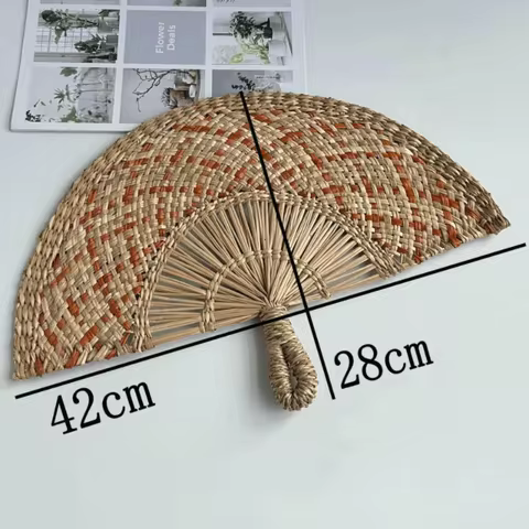 Natural Seaweed Straw Fan Semicircular Boho Style Grass Woven Fan Handmade Handheld Fan Home Decor