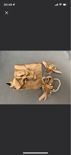 結婚物資 香檳金色 煲呔 袋巾 囍字珍珠手鏈 金絲帶 西裝襟花 Golden Bowtie Pearl Bracelet Golden Corsage