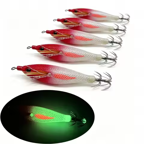 5PCS Horizontal Squid Jig Egi Kit Tinsel UV Luminous Simulation Shrimp Bait 3D Eyes Sharp Umbrella H