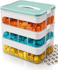 Storage Box for Lego Building Blocks and Duplo - with Building Plate Lid Adjustable Compartments and