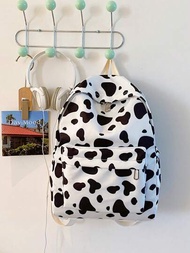 1 Pieza Nueva Mochila De Nylon Con Estampado De Vaca Para Mujer, Mochila Escolar Con Patrón De Vaca Con Cremallera Para Estudiante Chica, Mochila Escolar De Moda Kawaii Para Estudiantes