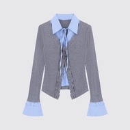 Fake-2-piece Blouse Women Ruffle Long Sleeve Korean Style Ladies Slim Shirt Top