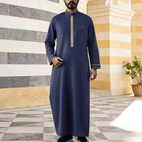 Islamic Style Men's Robe Moroccan Embroidered Stand Collar Long Sleeve Pullover Robes Ethnic Clothin