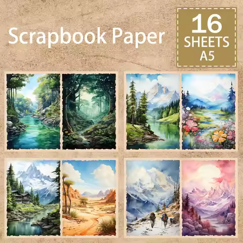 16 Sheets A5 Size Mountains, Rivers And Snow Scenery Background Vintage Grunge Journal Planning Scra