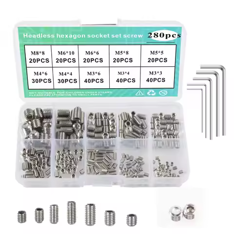 280Pcs Headless Cup Point Set Screw 304 Stainless Steel M3 M4 M5 M6 M8 Set Screw Assortment Kit Size