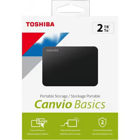 Toshiba External HDD 2TB Canvio Basic 2.5" USB 3.2 for quick file transfer and storage; sleek black 