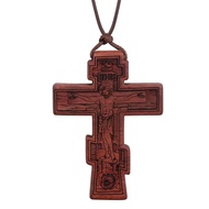 Wood Orthodox Cross Pendant Necklace Christian Crucifix Necklace Prayer Jesus for Women Men