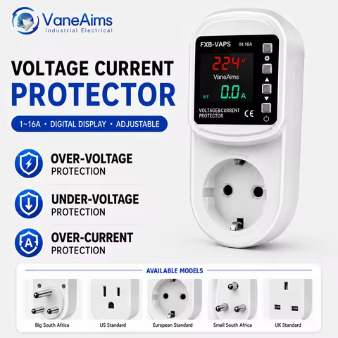 Socket Type Voltage Current Protector AC220V 110V 16A EU UK US South Africa Plug Adjustable Over Und