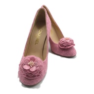 CHANEL COCO Mark Camellia 高跟鞋鞋跟毛氈粉紅二手女用尺寸 36 1/2