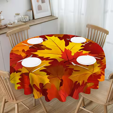 One round tablecloth with autumn leaf design, perfect for a round dining table.zyc