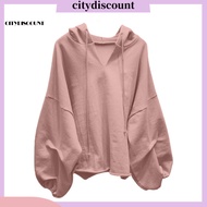 <citydiscount> Solid Color Drawstring Pullover Hoodie Autumn Batwing Sleeve V-Neck Women Sweatshirt 