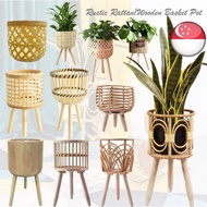 Elevated Rattan Basket Wooden Plant Pot Vase Stand Rustic Flower Pot Tall Pot Long Pot with stand