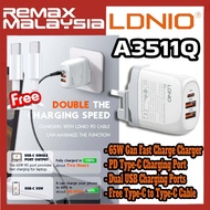 [Ready Stock] LDNIO A3511Q 65W GaN PD Type-C + Dual USB Ports Fast Charge Wall Charger (UK Plug) with Type-C to Type-C Fast Charge Cable for Samsung / Xiaomi / Huawei / Oppo / Vivo / Realme / OnePlus