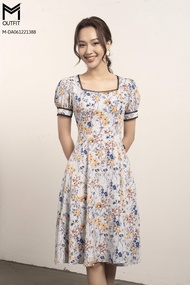 Đầm xòe cổ vuông viền ren tay cộc bồng - Mmoutfit