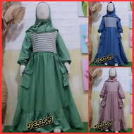 Baju Gamis Inara Anak Perempuan Polo Linen Premium Mix Knit Caramel Usia 2 - 11 Tahun Model Cargo Kombinasi Knit Caramel Free Hijab Baju Muslim Anak Terbaru 2024 Gamis Lebaran Terbaru