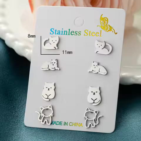 4Pairs/Lot Cartoon Animal Earings Set Multiple Stainless Steel Cat Stud Earrings for Women Girls Fun