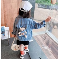 ❒Beeplus kanak-kanak perempuan lelaki 3D jaket jeans beruang kartun lengan panjang 3-8 tahun di luar