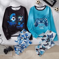 4pcs/Set Tween Boy Long Sleeve & Long Pants Knit High Elastic Cool Print, Combination Of Football & 