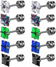 5 Pairs Titanium Screw Back tud Earrings,Hypoallergenic Stainless Steel Rainbow 5A Cubic Zirconia Sleep Stud for Sensitive Ears 6mm